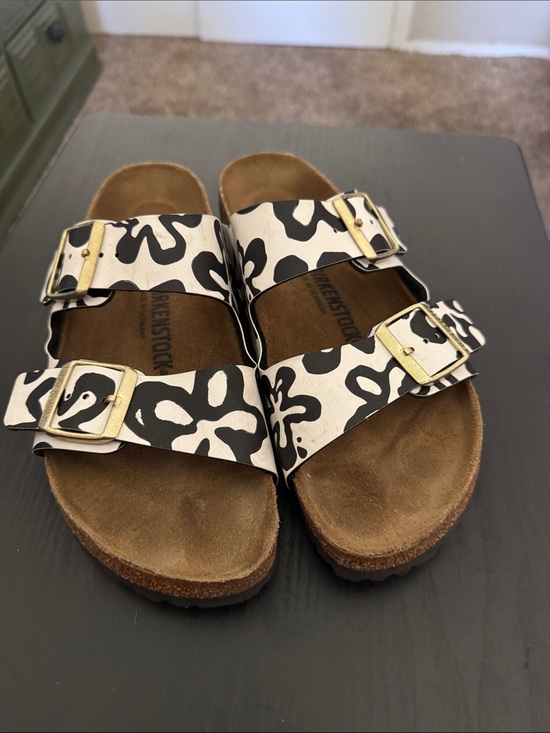 Birkenstock Shoes - Birkenstock Two-Strap Sandals in Black & White Floral Print